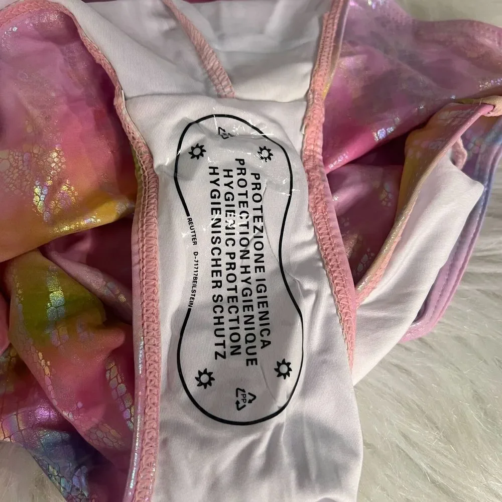 Pink Iridescent Tie Dye‎ Holographic Scale One Piece Swimsuit XL Mermaidcore
